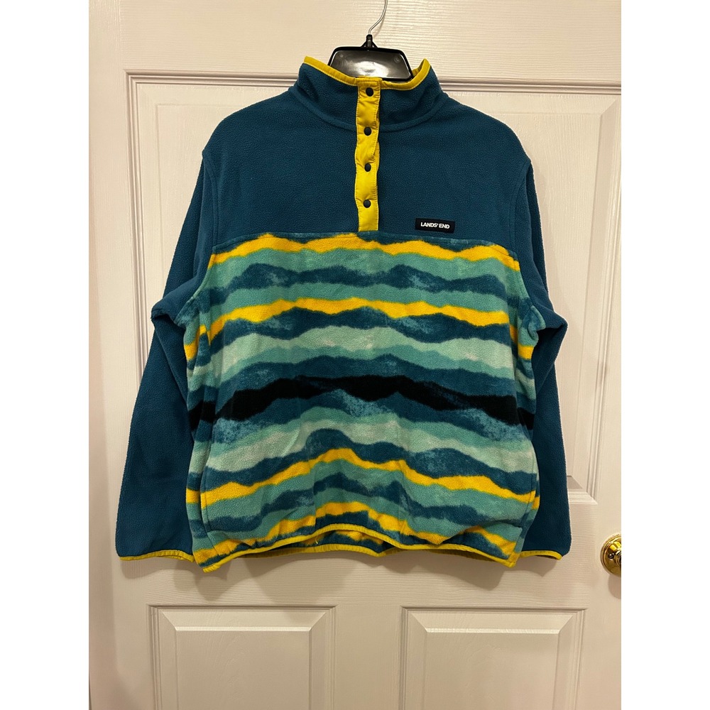 Lands End Fleece Pullover Womens XL Teal Yellow Wavy Stripe Snap Neck Sweatshirt